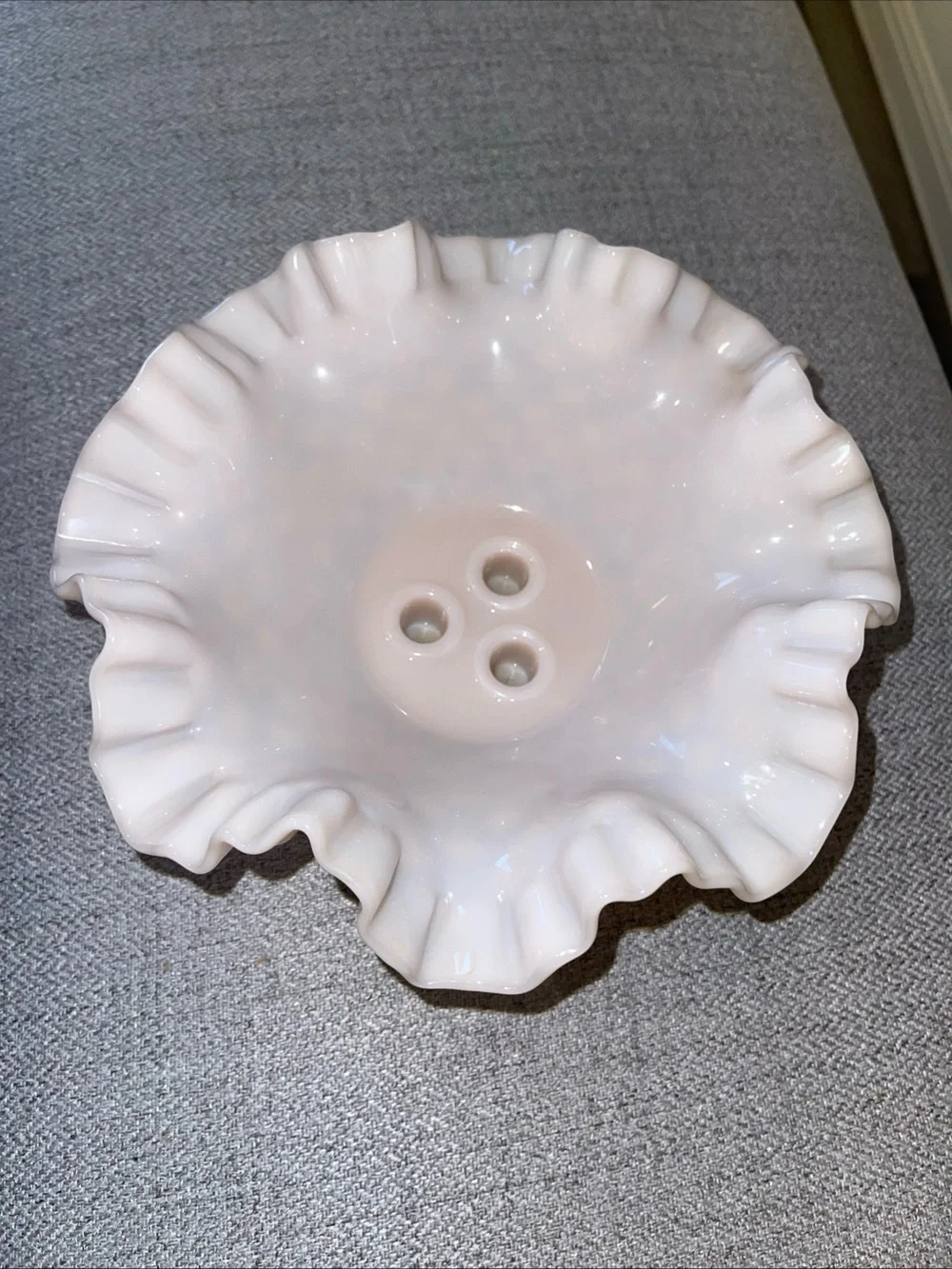 Fenton Hobnail Triple Epergne Vase in Pink Milk Glass - Picture 9 of 10